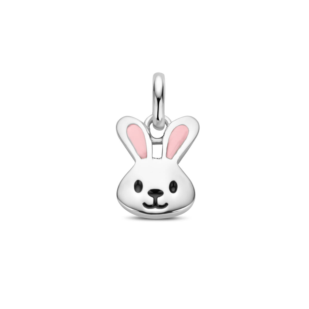 pendentif en argent rhodié en forme de tête de lapin avec des oreilles roses.