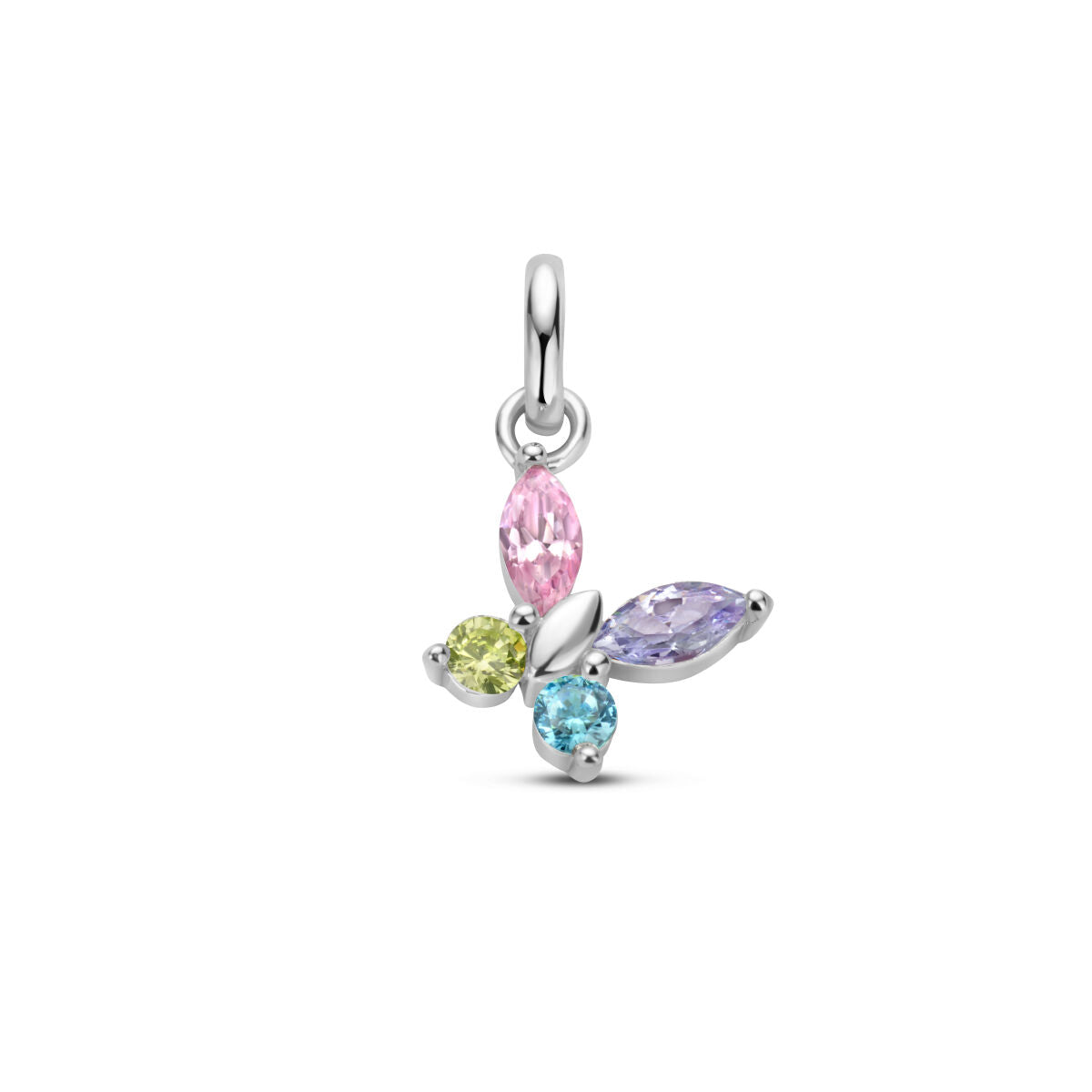 pendentif en forme de papillon avec plusieurs zirkonia colorés et finition en argent rhodié.