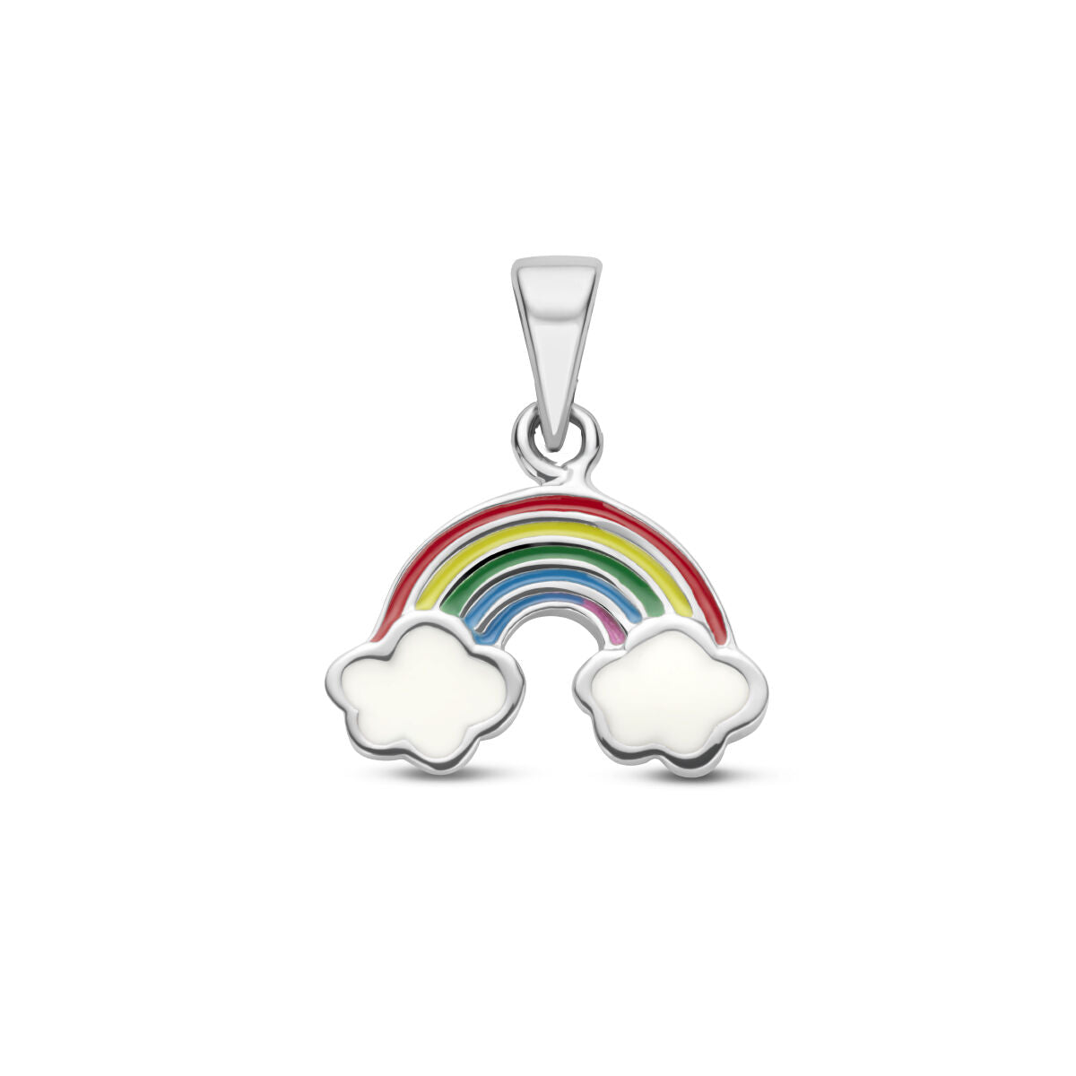 pendentif en argent rhodié en forme d'arc-en-ciel avec des nuages blancs.
