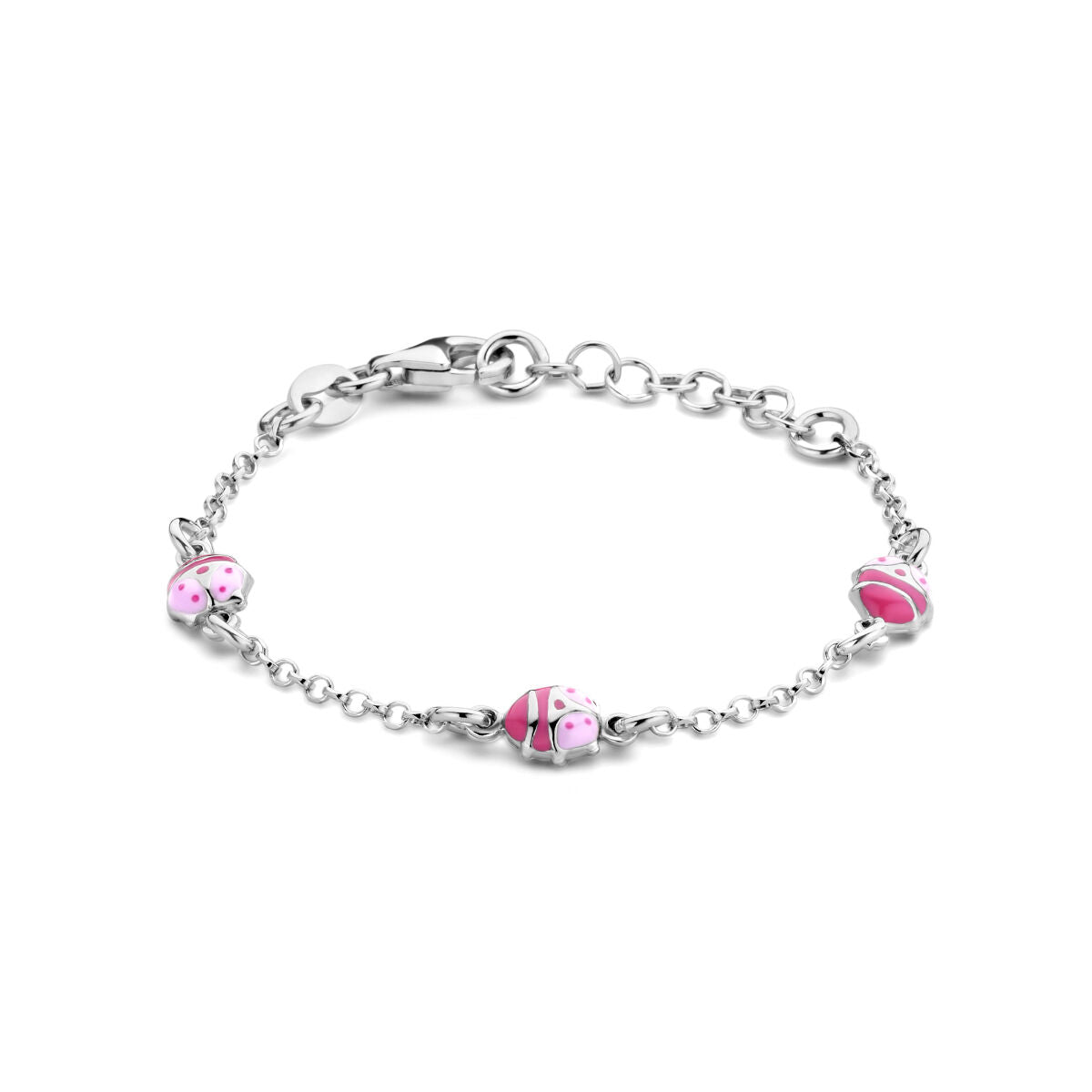 Bracelet en argent rhodié avec des motifs de coccinelles roses et blanches.