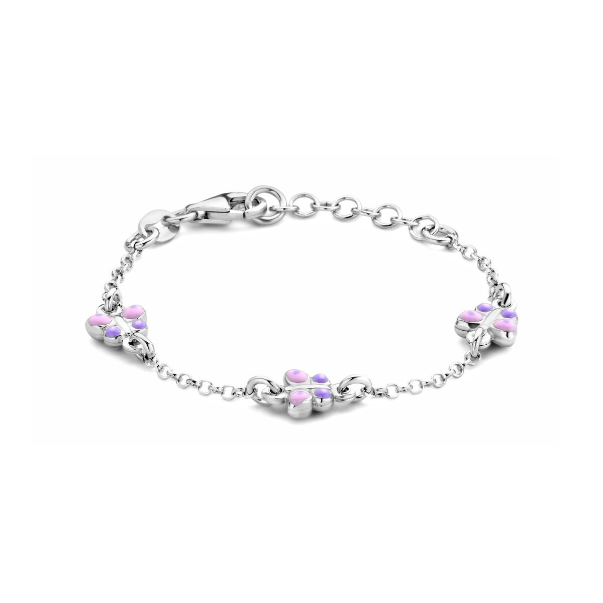 Bracelet en argent rhodié avec des motifs de papillons et des détails en violet, longueur de 11 + 2 cm.