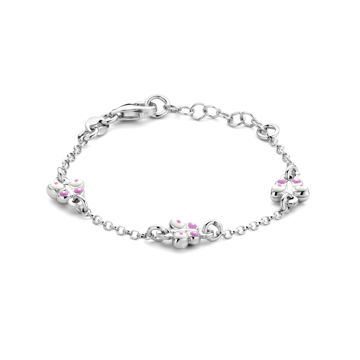 Bracelet en argent rhodié avec motifs de papillons et pierres roses, longueur de 11 à 2 cm.