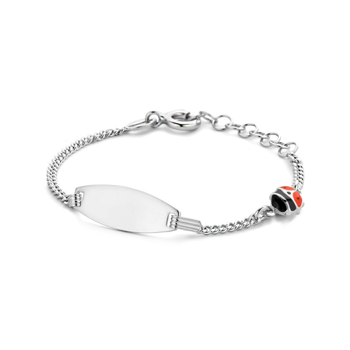 Bracelet en argent rhodié avec plaque gravable de 6,5 mm et un charm coccinelle.