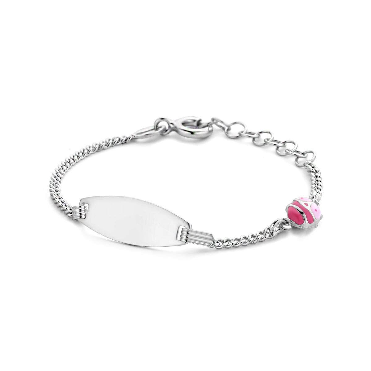 Bracelet en argent rhodié avec plaque gravable de 6,5 mm et un charm en forme de coccinelle.