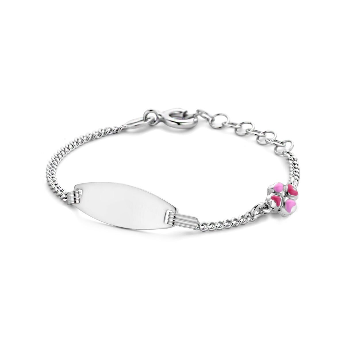Bracelet en argent rhodié avec plaque gravable de 6,5 mm et charm en forme de trèfle.