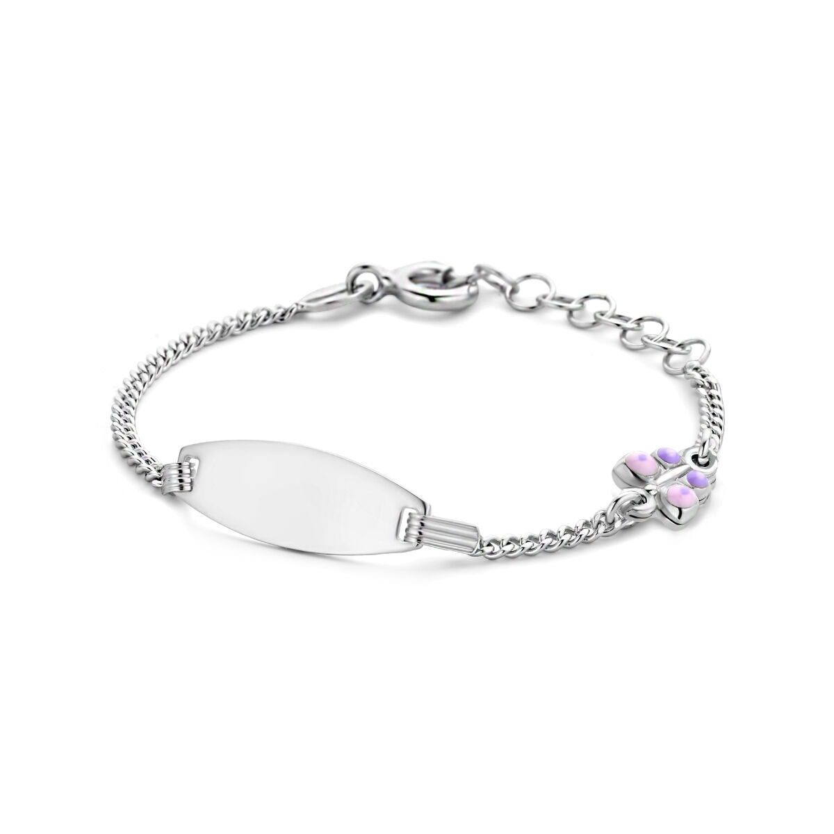 Bracelet en argent rhodié avec plaque gravable et motif de papillon.