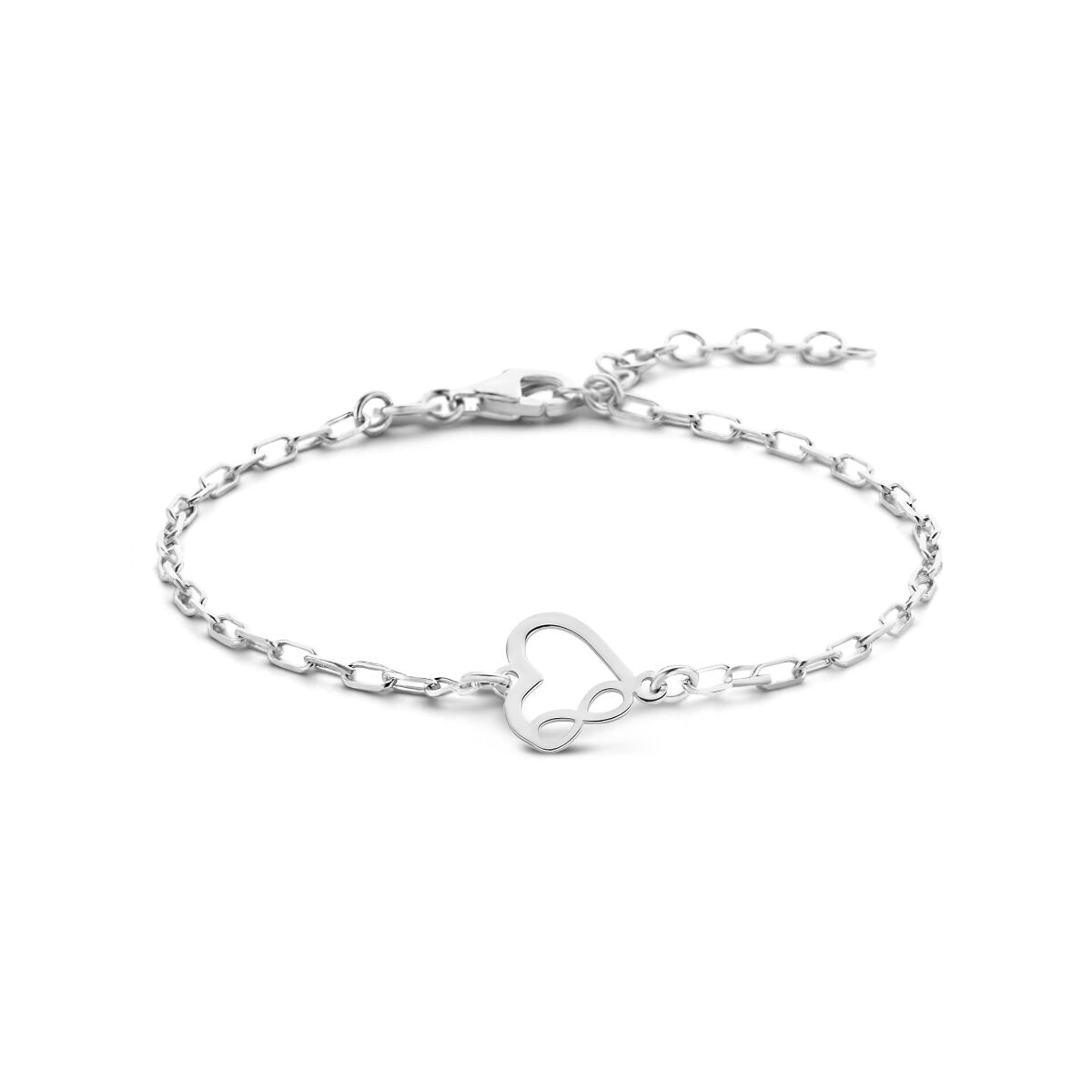 Bracelet en argent rhodié avec un motif cœur et l'infini, longueur de 16 à 3 cm.