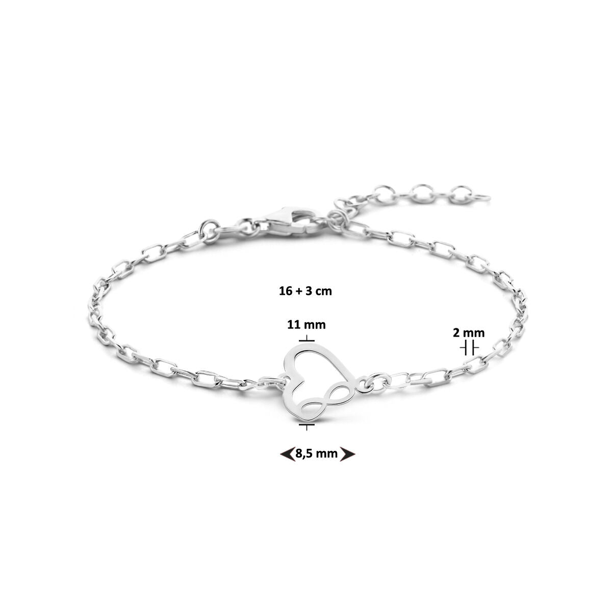 bracelet cœur et infini 16 + 3 cm argent rhodié
