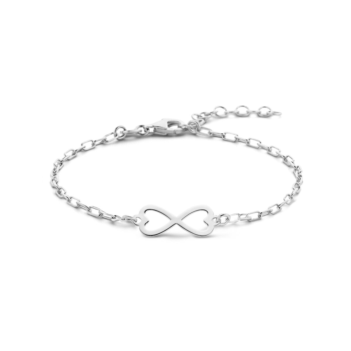 Bracelet en argent rhodié avec un motif infini au centre, longueur de 16 à 19 cm.