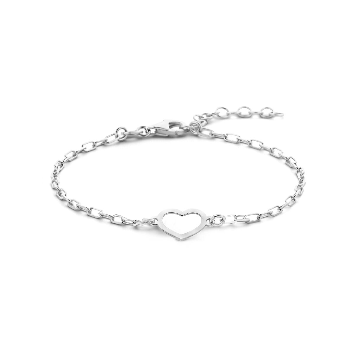 Bracelet en argent rhodié avec un motif de cœur, longueur de 16 à 19 cm.