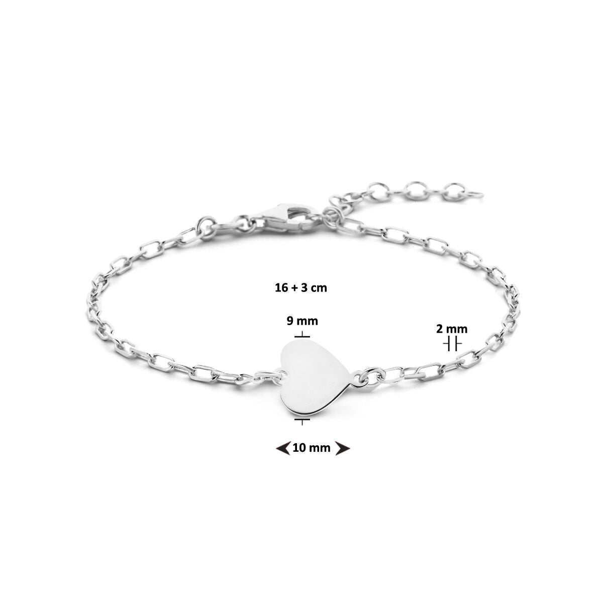 bracelet en forme de cœur 16 + 3 cm argent rhodié