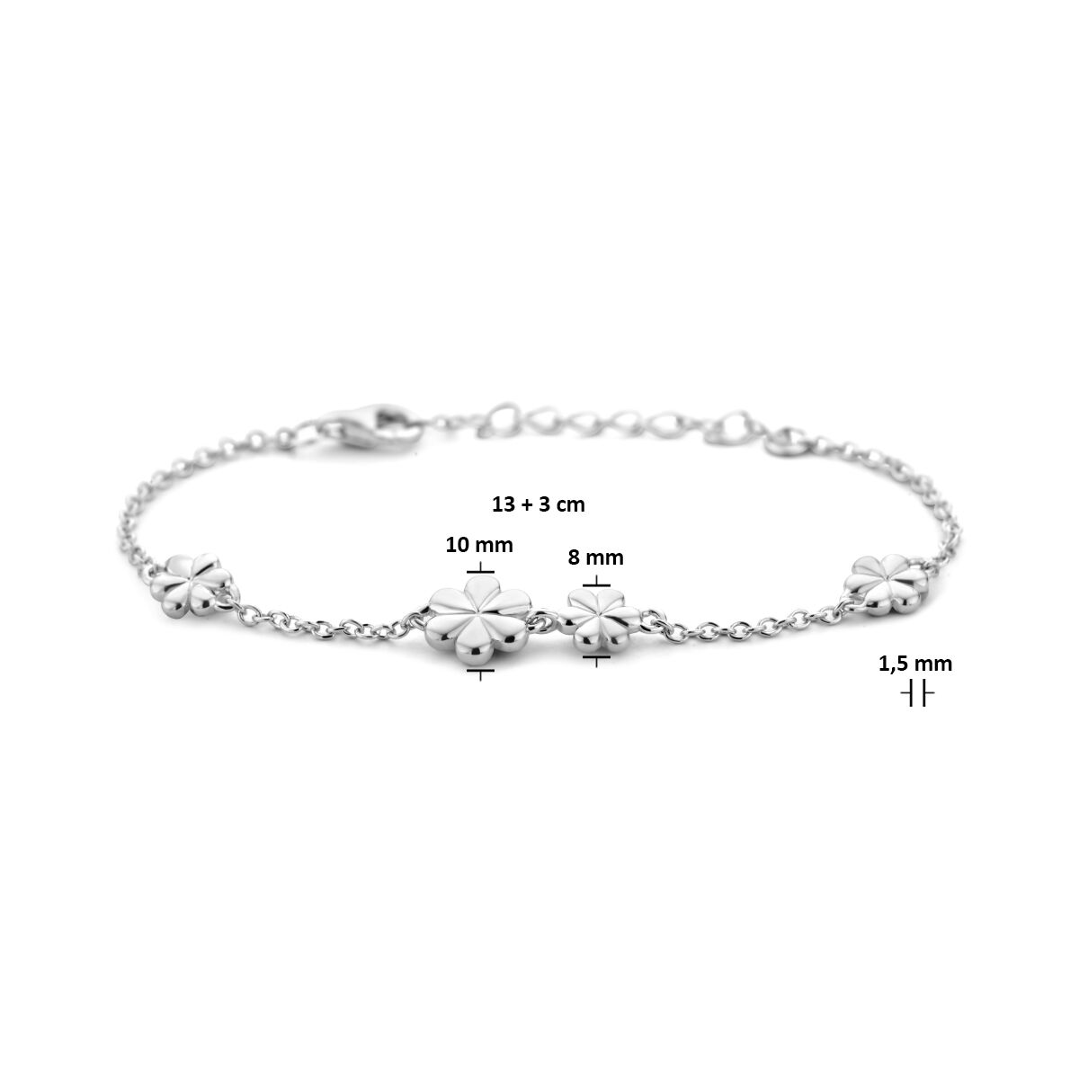 bracelet fleurs 13 + 3 cm argent rhodié