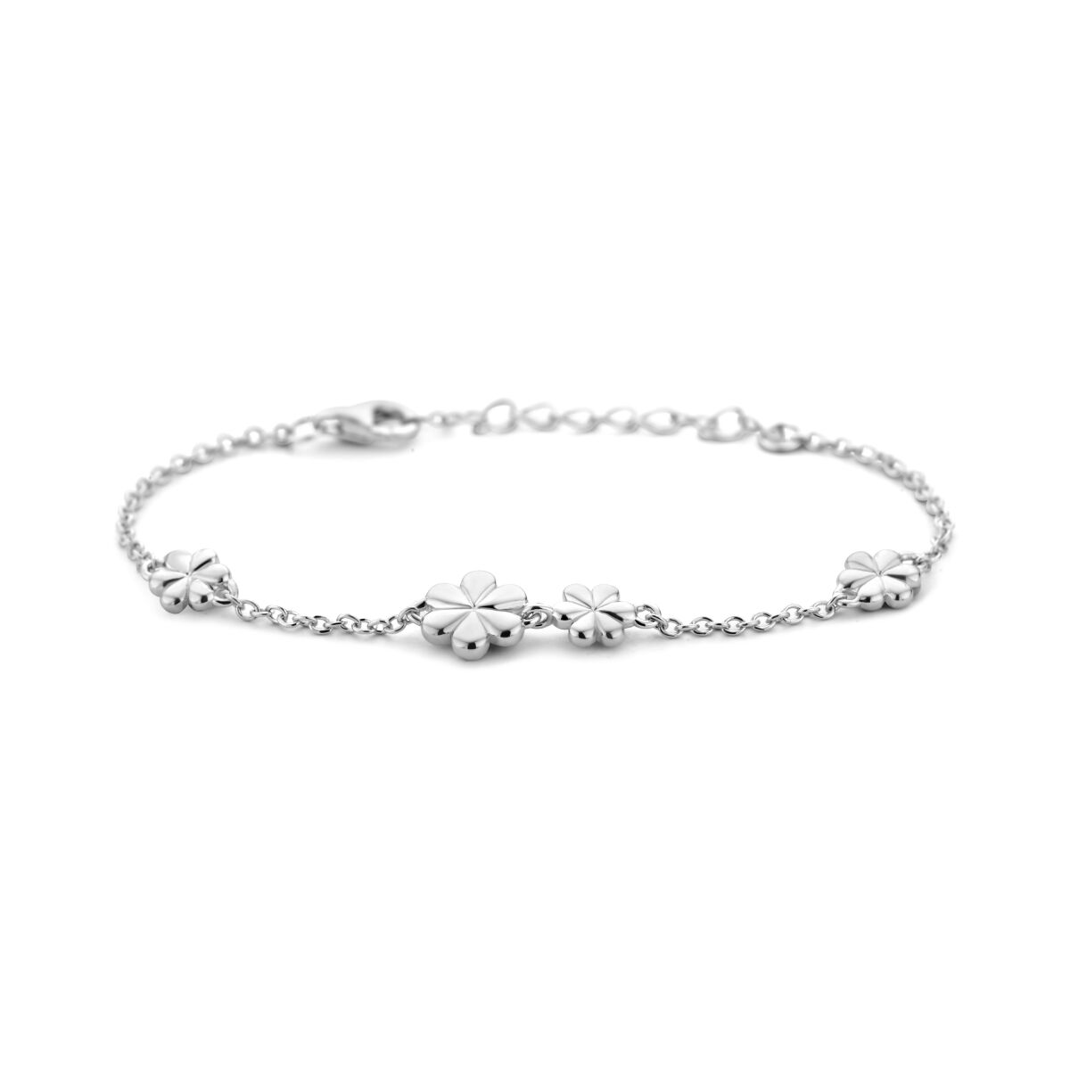 Bracelet en argent rhodié avec des fleurs, longueur de 13 à 3 cm.