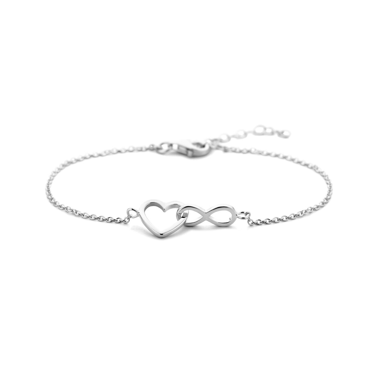 Bracelet en argent rhodié avec un motif cœur et symbole d'infini, longueur 16 + 3 cm.