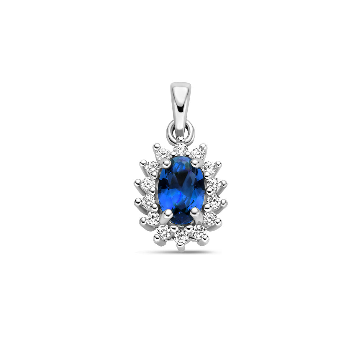 Pendentif en argent rhodié avec saphir synthétique et halo de zirconium.