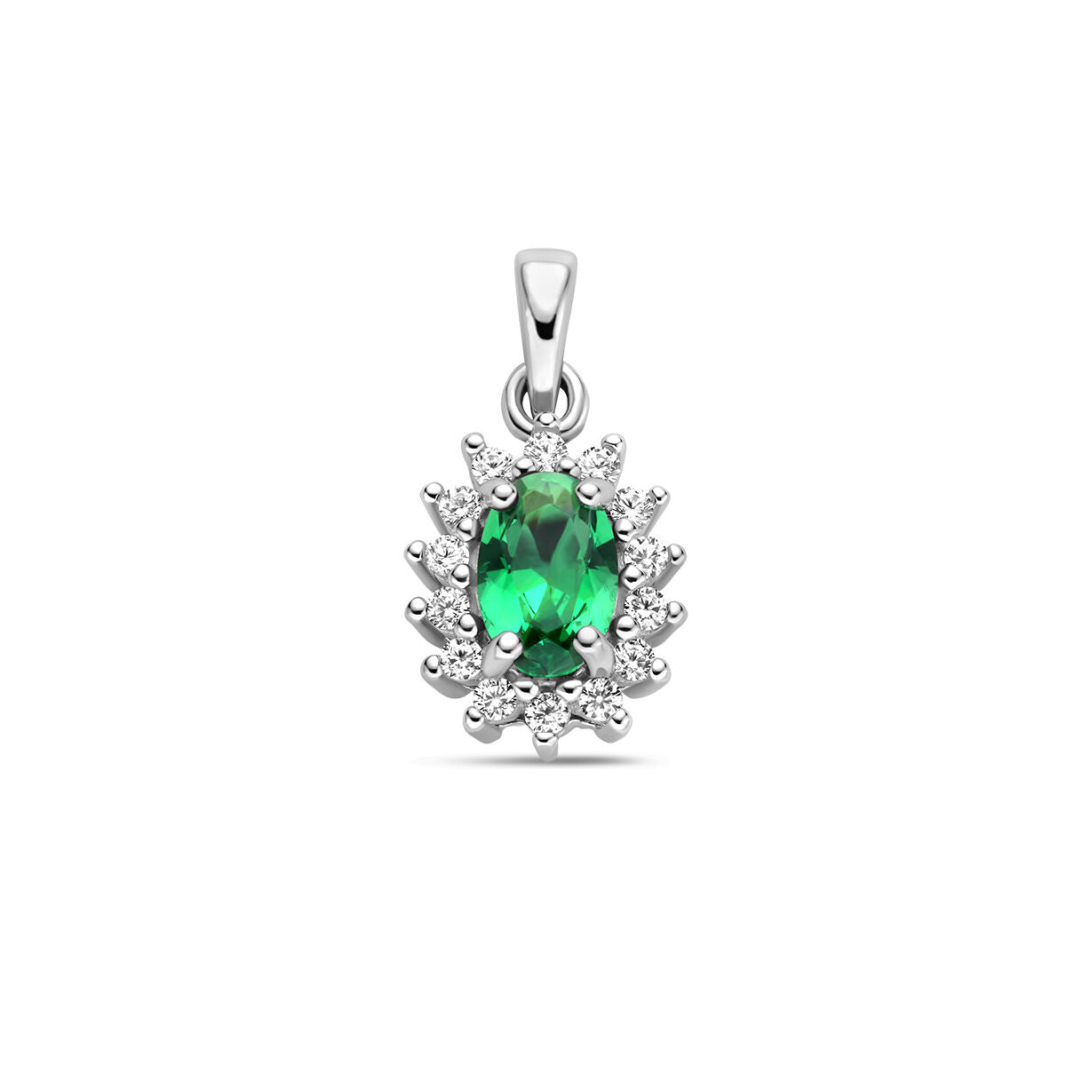 pendentif en synthétique émeraude avec halo de zirconium, finition argent rhodié.