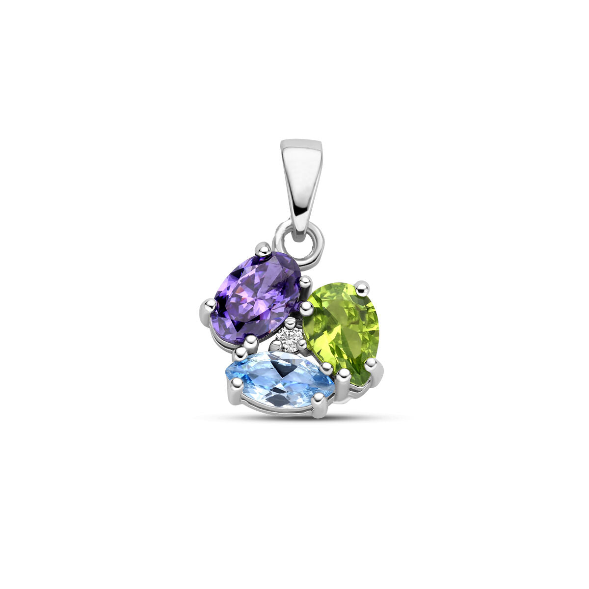 Pendentif en argent rhodié avec trois pierres synthétiques : une améthyste violette, une péridot verte et une topaze bleue.