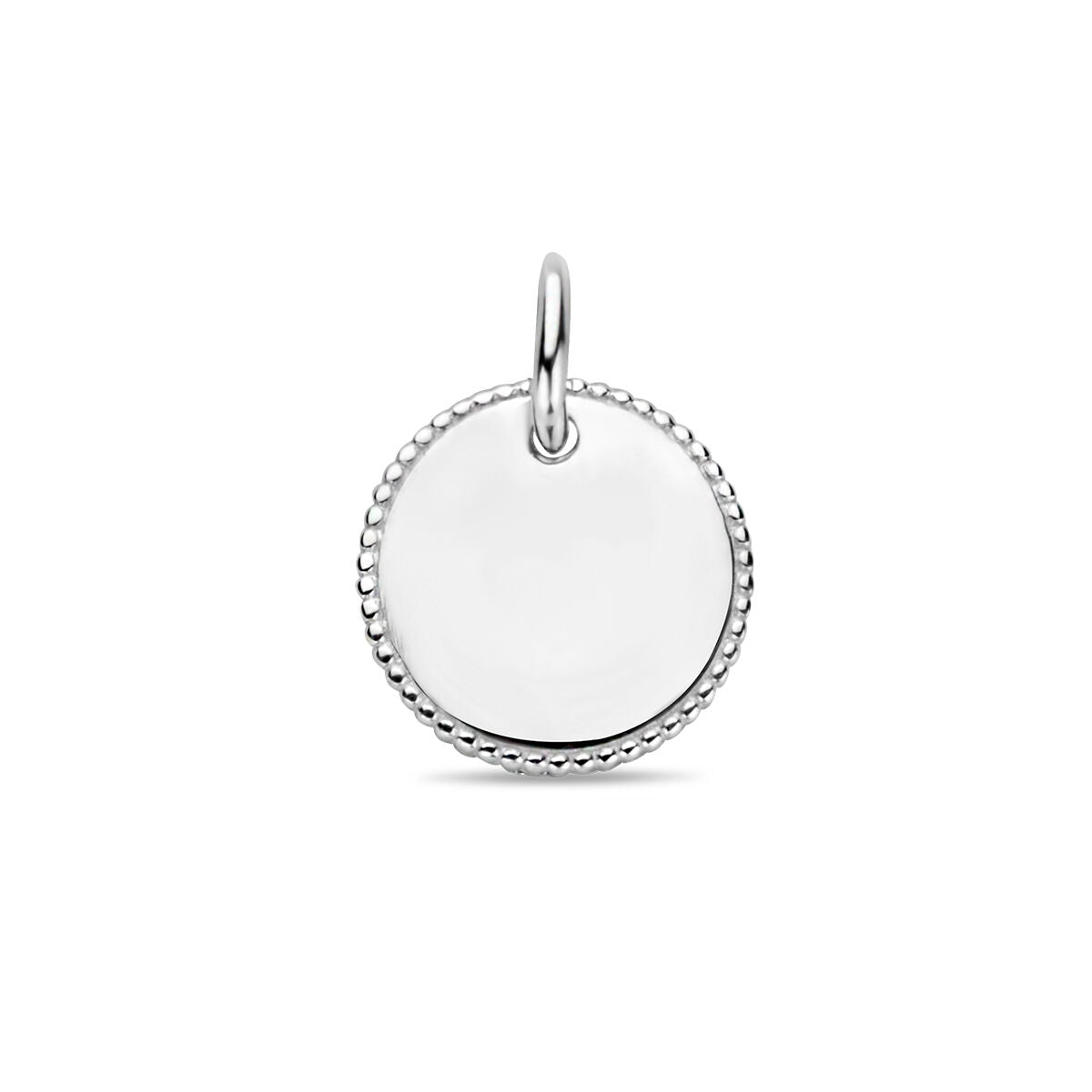 Pendentif rond en argent rhodié avec bordure en relief.