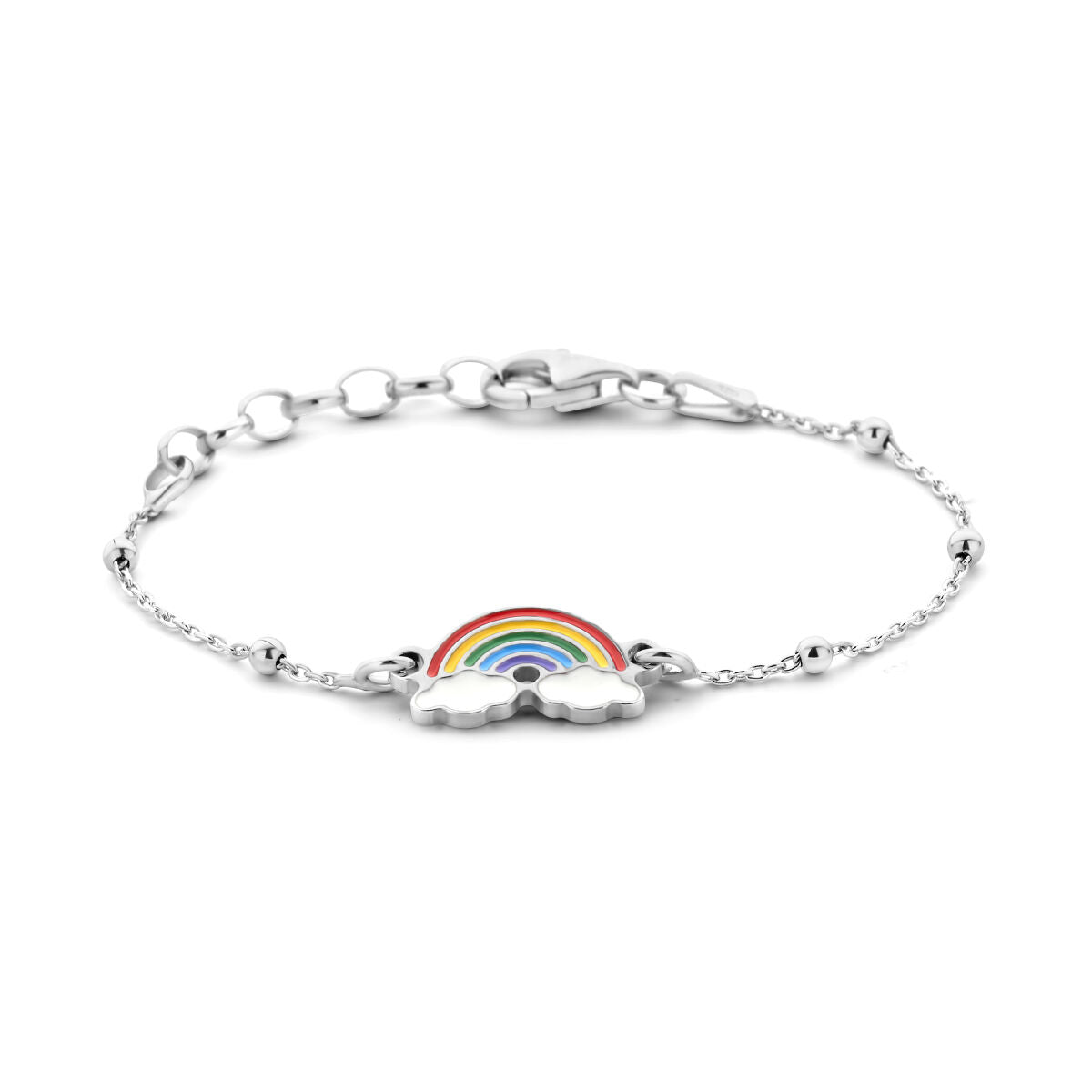 Bracelet en argent rhodié avec un motif de nuage et un arc-en-ciel coloré.