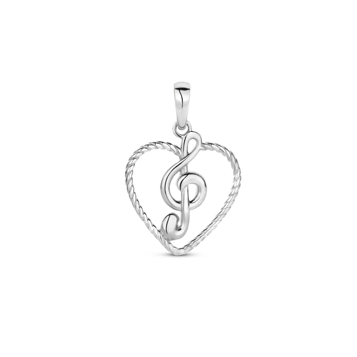 pendentif en forme de cœur avec une note de musique, en argent rhodié.