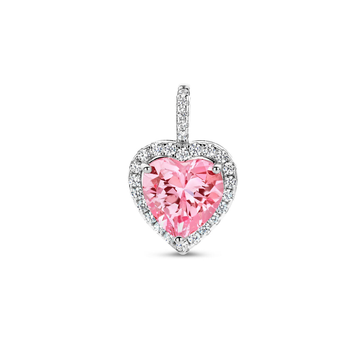 pendentif en forme de cœur avec zirconia rose et halo de zirconia blanche, en argent rhodié.