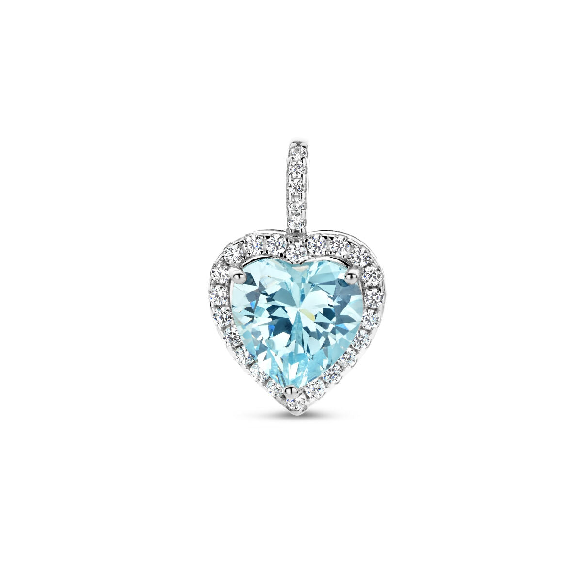pendentif en forme de cœur avec zirconia aquamarine et halo en argent rhodié.