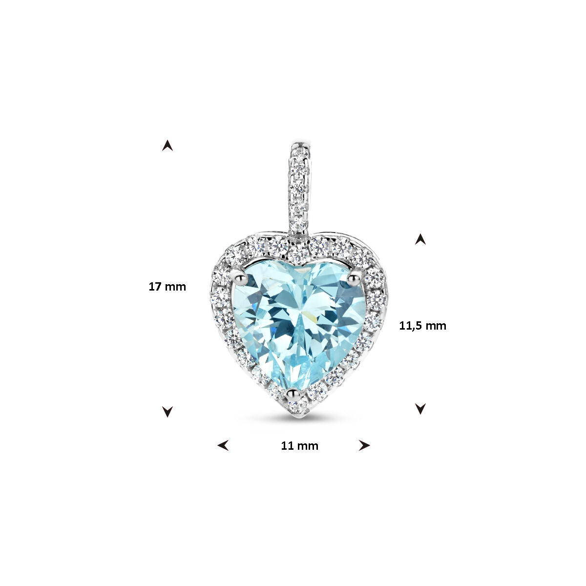 pendentif cœur en zircone couleur aquamarine halo argent rhodié