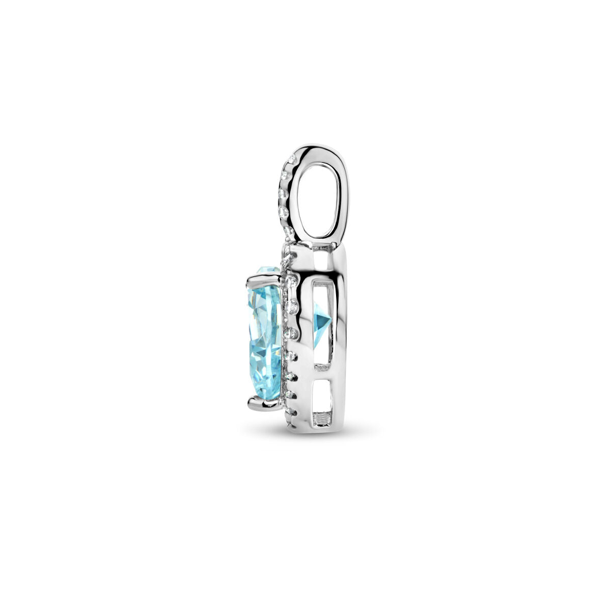 pendentif cœur en zircone couleur aquamarine halo argent rhodié