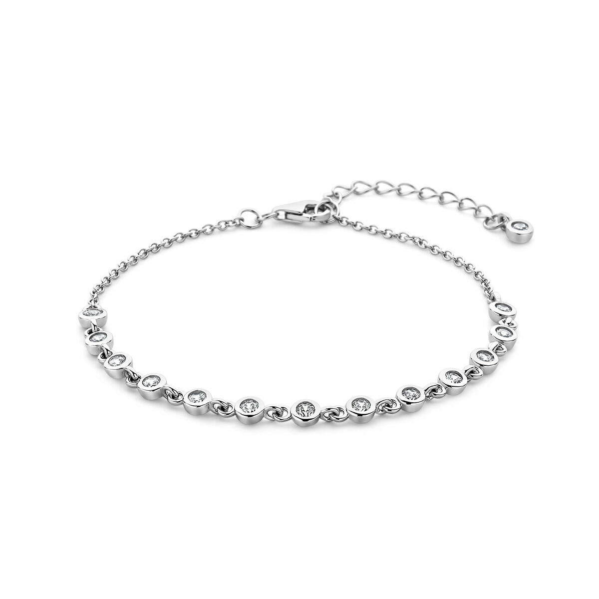 Bracelet en argent rhodié avec zircons, longueur de 16 à 19 cm, design délicat.