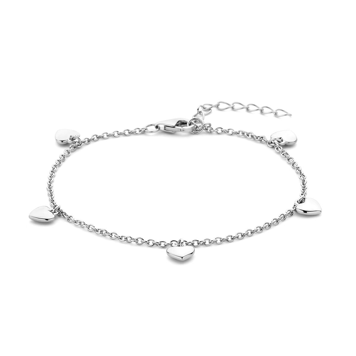 Bracelet argenté rhodié avec des cœurs, longueur de 13 à 3 cm.