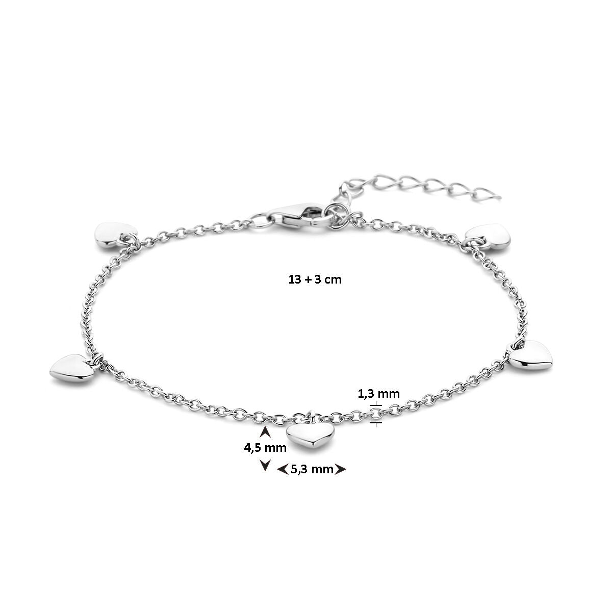 bracelet cœurs 13 + 3 cm argent rhodié