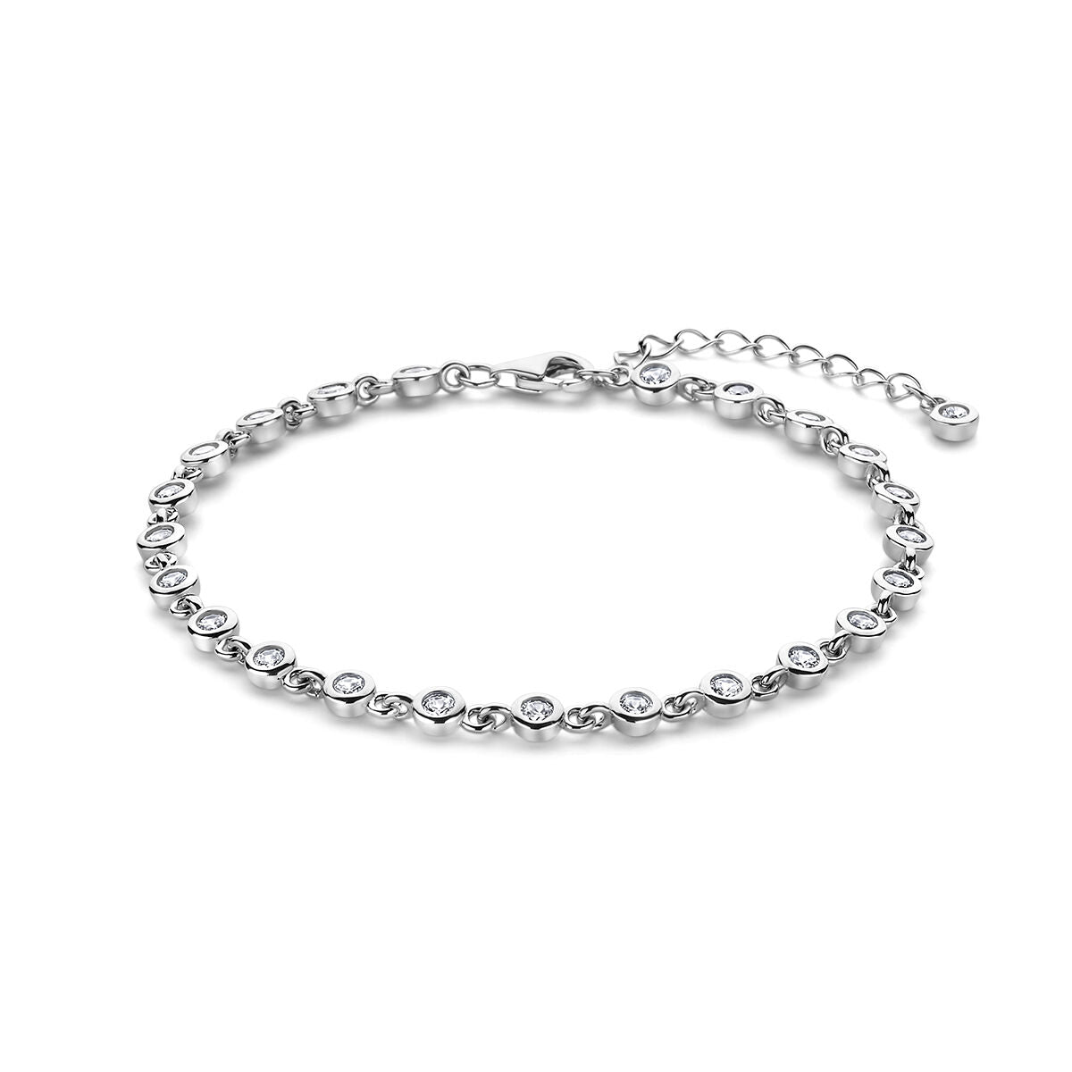 Bracelet en argent rhodié avec zircons, longueur de 17 à 20 cm, design délicat.