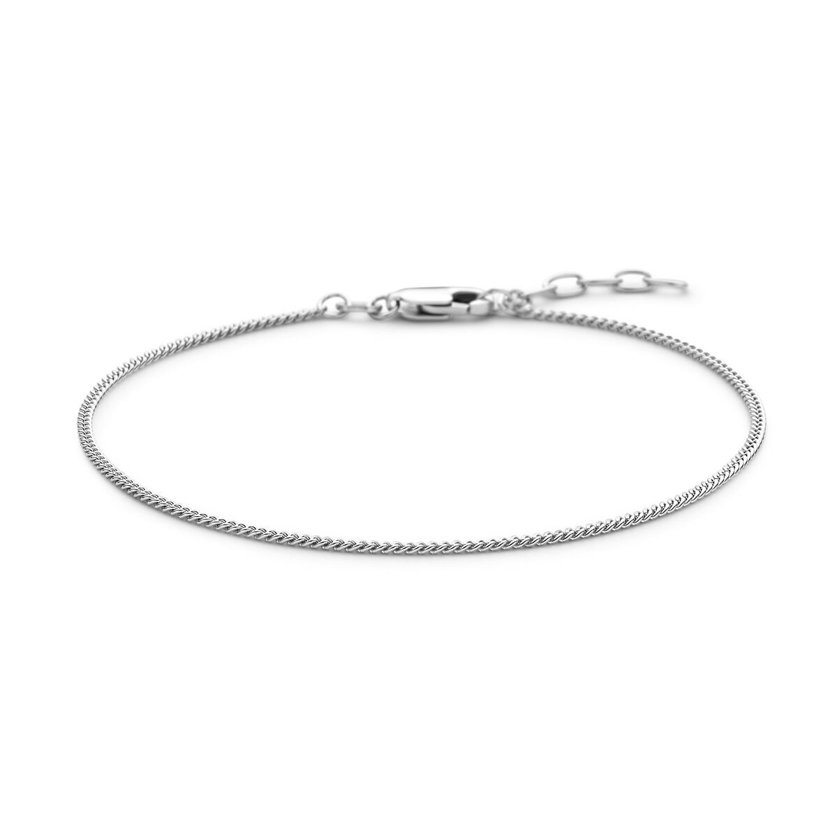 Bracelet gourmette en argent rhodié, 4 côtés taillés, 1,4 mm, longueur 19 + 2 cm.