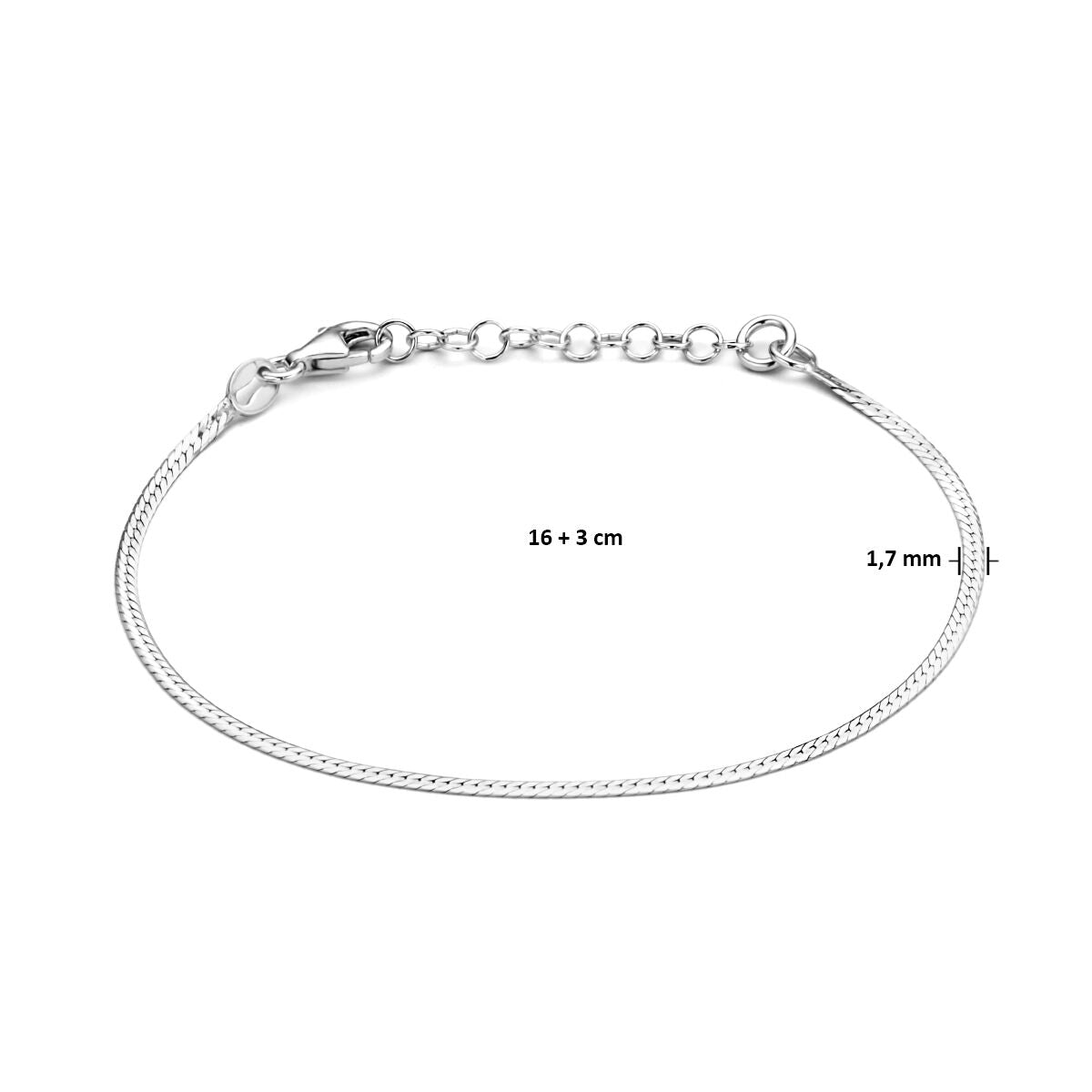 bracelet plat 1,7 mm 16 + 3 cm argent rhodié