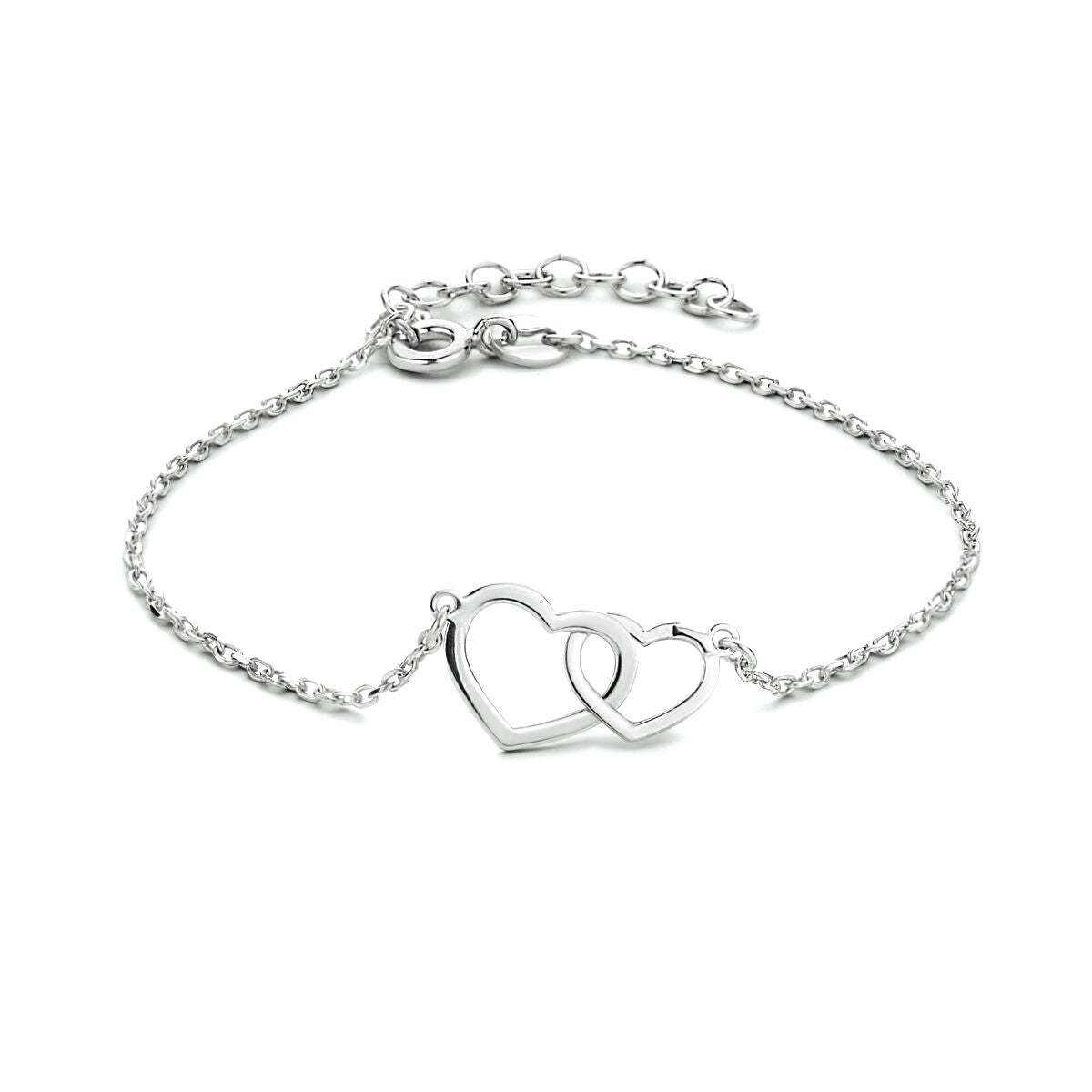 Bracelet en argent rhodié avec deux cœurs entrelacés, longueur de 16 à 19 cm.