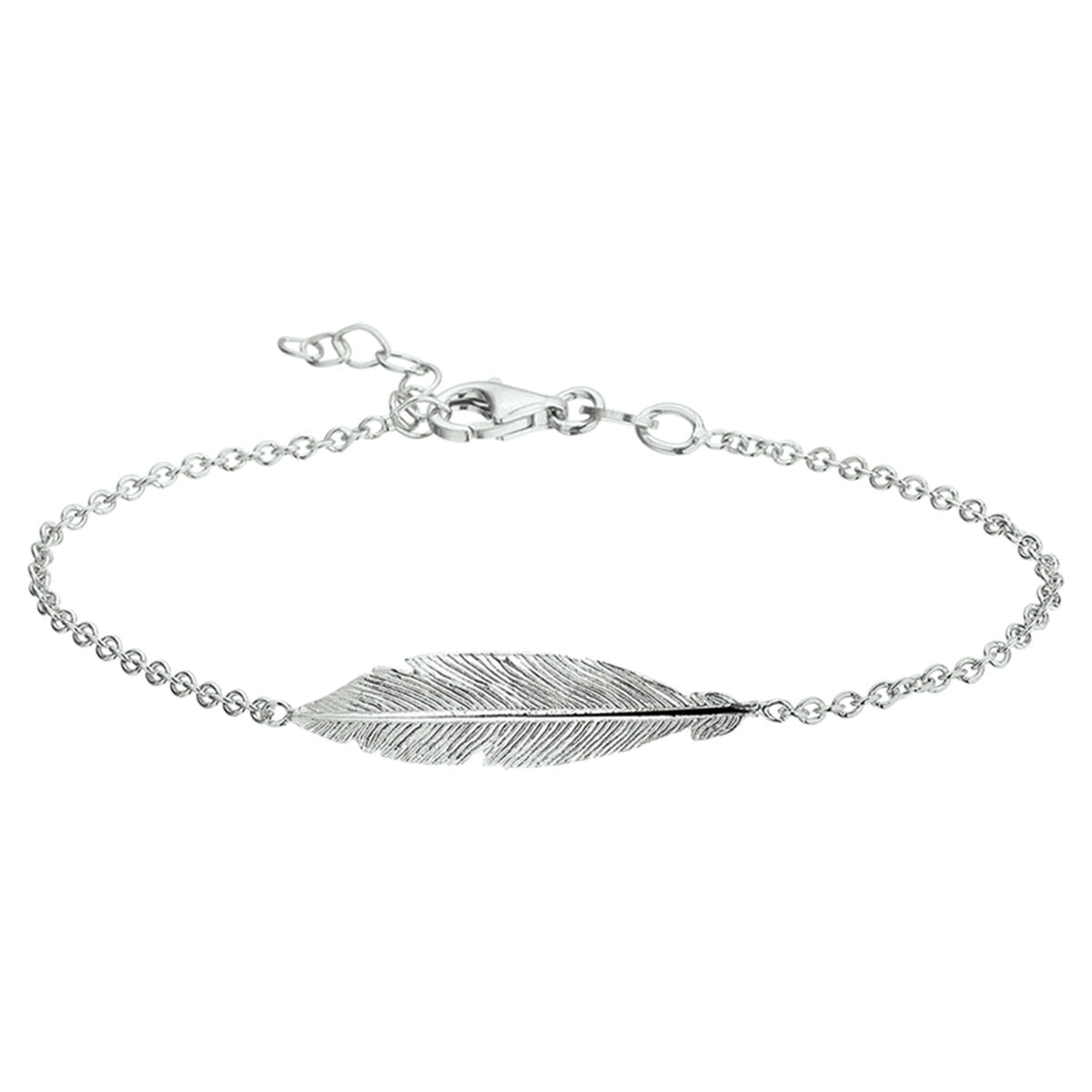 Bracelet en argent rhodié avec un motif de plume délicat.