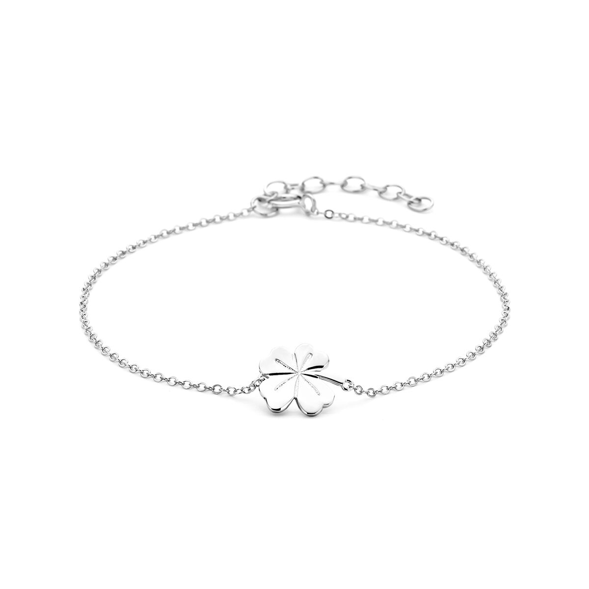 Bracelet en argent rhodié avec un motif de trèfle, longueur de 17 à 20 cm.