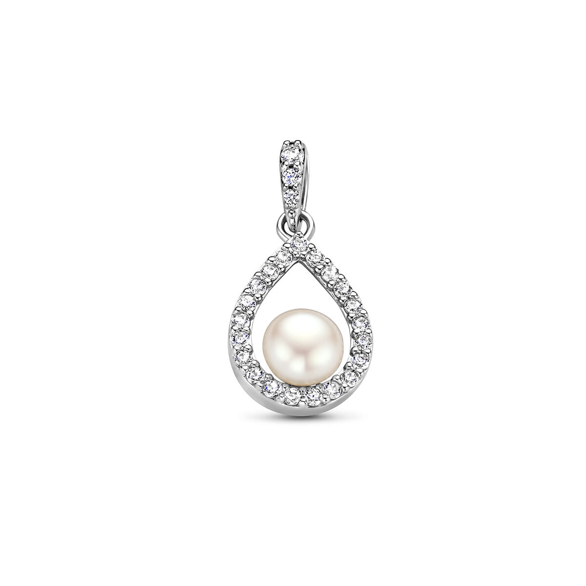 pendentif en argent rhodié avec une perle et des zirconias en forme de goutte.