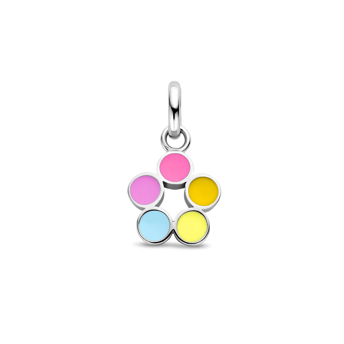 pendentif en forme de fleur en argent rhodié avec des détails colorés rose, bleu et jaune.
