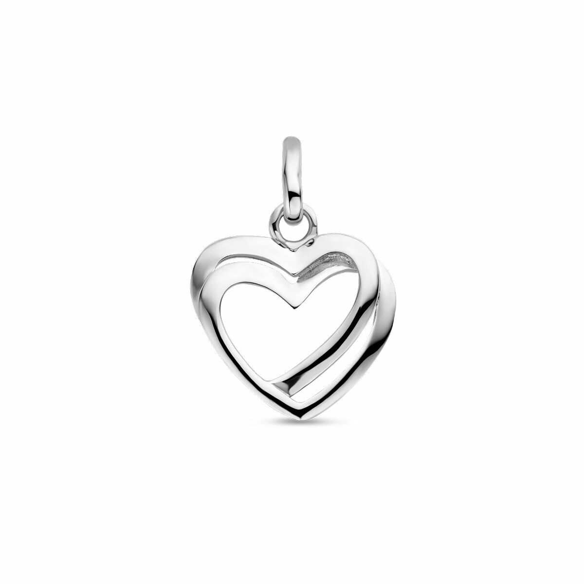 pendentif en forme de cœur en argent rhodié avec un design à double cœur.