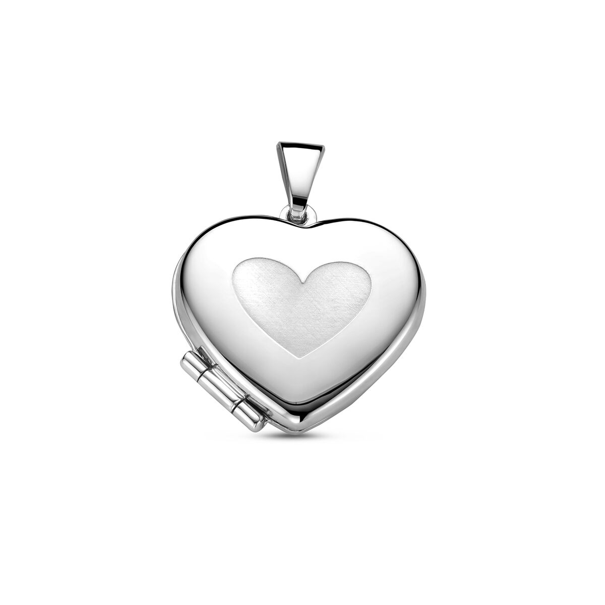 Pendentif en forme de cœur en argent rhodié, finition polie et mate, avec un cœur gravé.