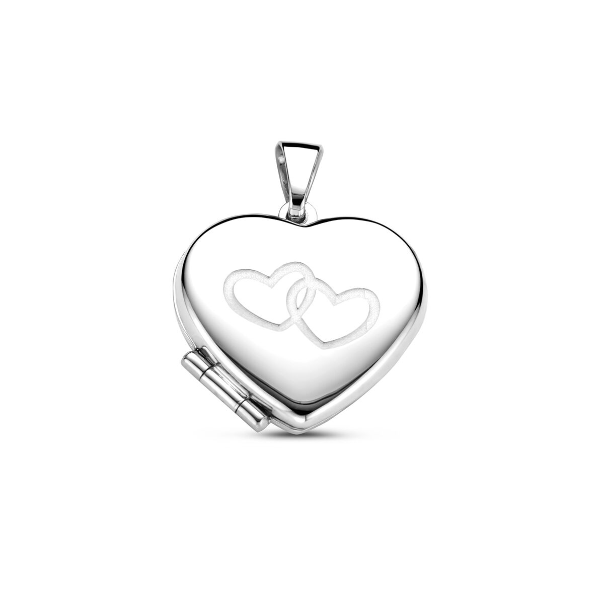 Pendentif en forme de cœur en argent poli et mat, avec un motif de cœurs entrelacés.
