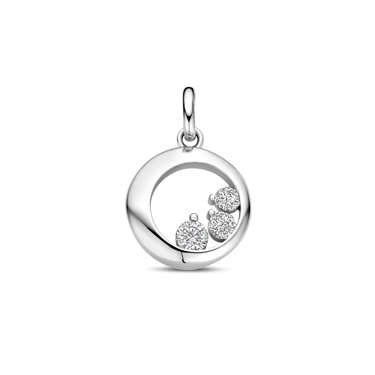 pendentif en argent rhodié avec zircons, forme ronde de 18 mm et détails brillants.