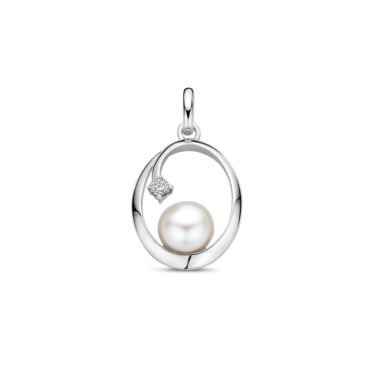 pendentif ovale en argent rhodié avec perle et zirconium, mesurant 21 mm.