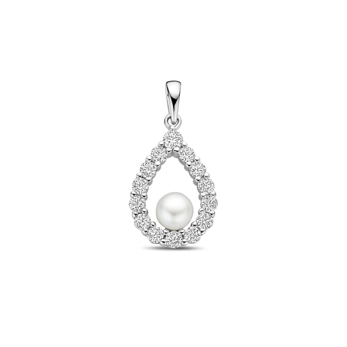 Pendentif en argent rhodié en forme de goutte, orné d'une perle et de zirconiums.