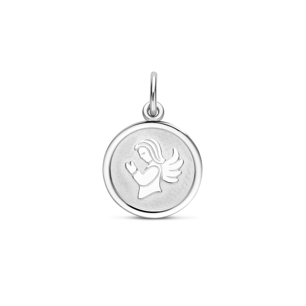 pendentif en forme de cœur avec un ange poli et mat, diamètre de 18 mm, en argent rhodié.