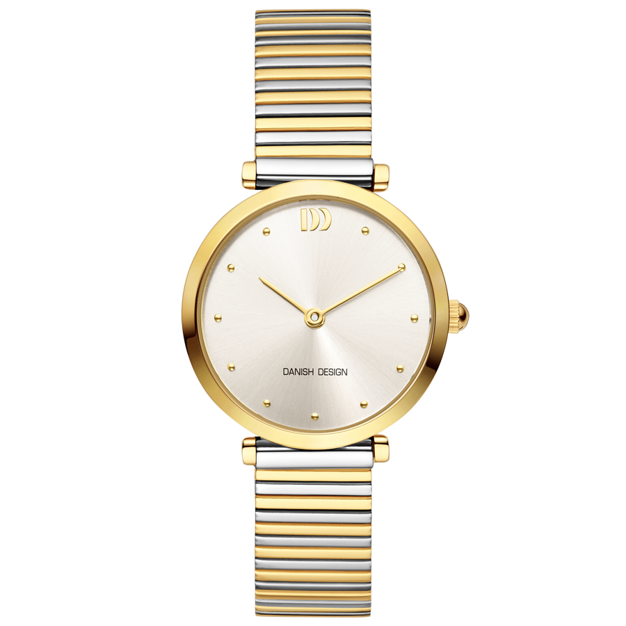 Montre femme à cadran argenté, boîtier bicolore doré et bracelet en métal à maillons.