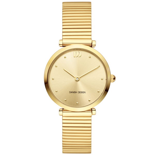 Montre femme avec cadran doré, boîtier doré et bracelet à maillons dorés.