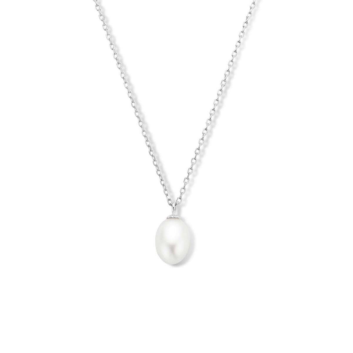 Collier en argent rhodié avec une perle blanche, longueur de 41 cm plus 4 cm d'extension.