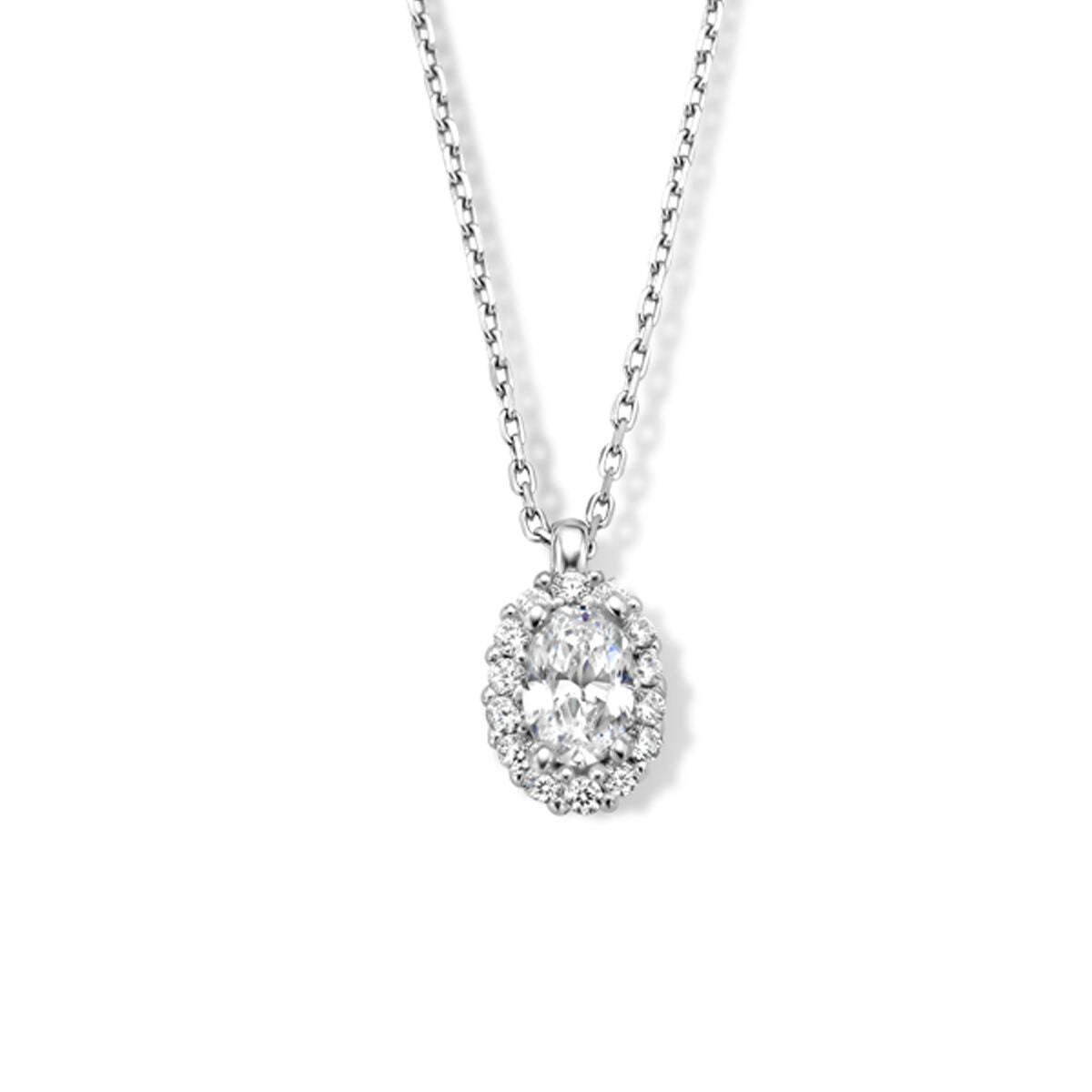 Collier en argent rhodié avec pendentif en zircone, forme ovale, chaîne délicate.